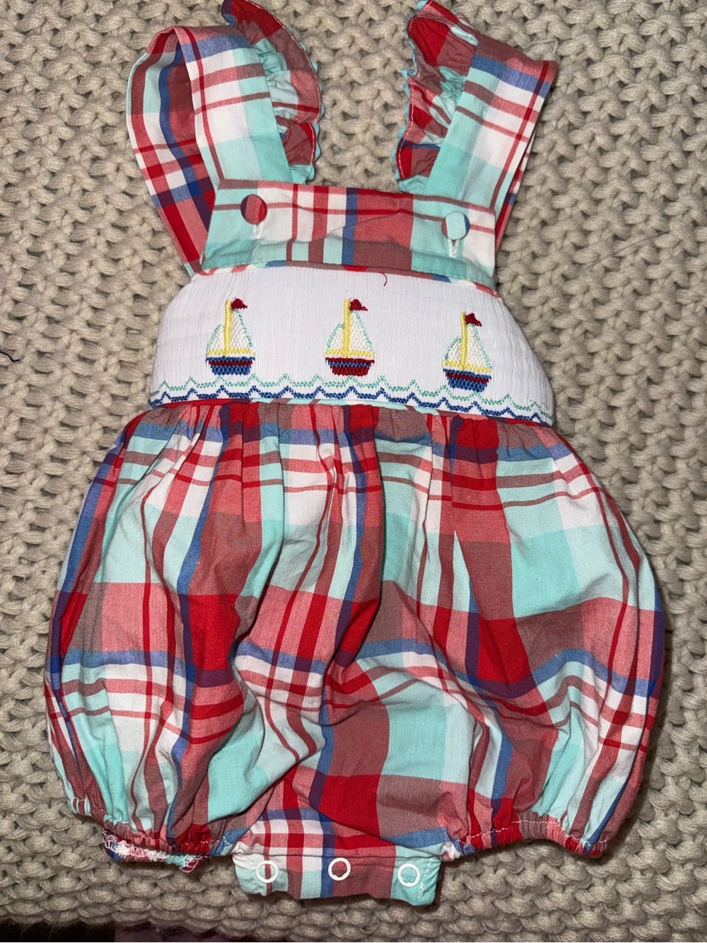Classic Whimsy Smocked Plaid Sailboat baby Romper Bubble Size 3m
